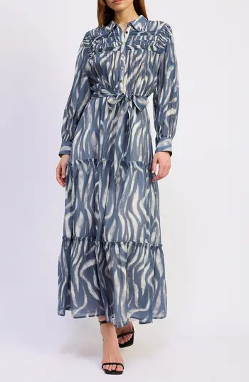 En Saison Cypress Long Sleeve Tie Belt Tiered Maxi Shirtdress in Slate Ivory at Nordstrom Rack, Size Large | Nordstrom Rack
