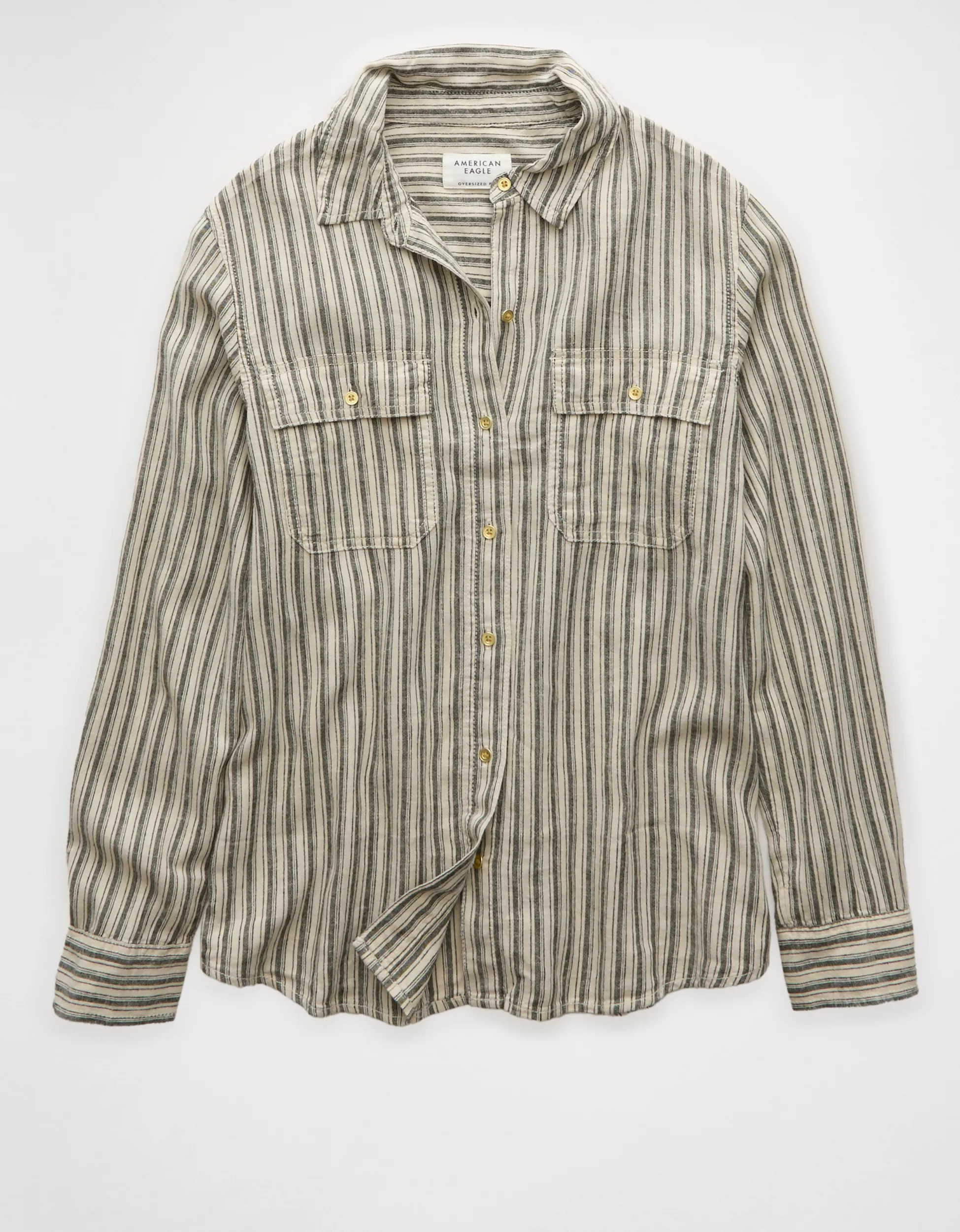 AE Weekend Vibes Linen-Blend Long-Sleeve Button-Up Shirt | American Eagle Outfitters (US & CA)