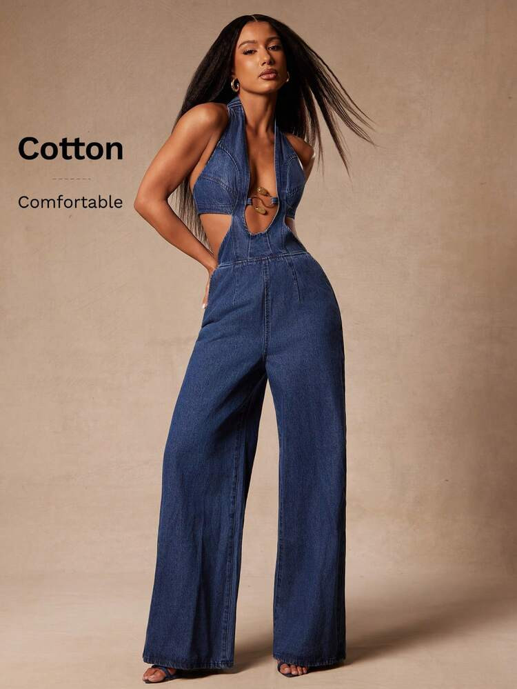 NYA SZN Denim Jumspuit Hardware Warm Weather Club Day Brunch Casual Everyday Going Out Office Siren Western Country Date Night Elegant Luxury Cotton Medium Wash Outfits For Women | SHEIN