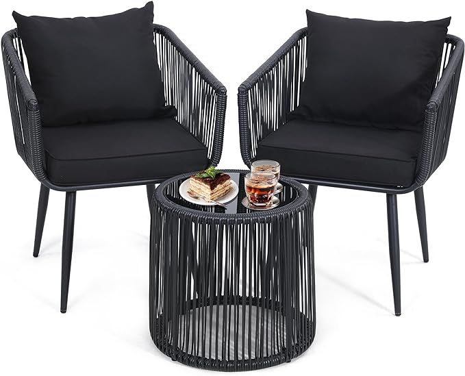 3 Pieces Patio Rattan Bistro Conversation Set, Outdoor All-Weather Wicker Furniture Chairs and Si... | Amazon (US)