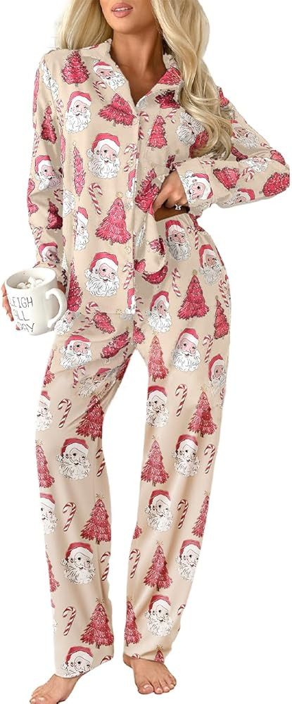 Ecosunny Christmas Santa Pajama Set Women's Long Sleeve Sleepwear Soft Loungewear Two Piece Butto... | Amazon (US)