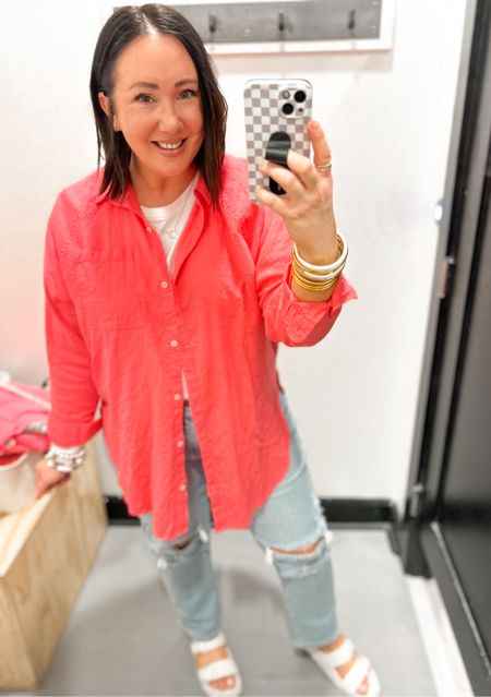 Aerie linen button down 50% off!  On sale for $27 and some change!  Runs big!  Wearing a medium and still was oversized on me. Love the colors available  

#LTKMidsize #LTKFindsUnder50 #LTKSeasonal