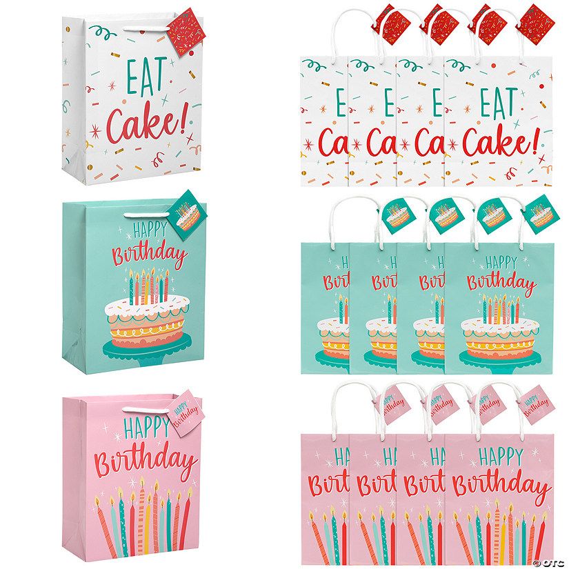 7 1/4" x 9" Medium Eat Cake Paper Gift Bags with Gift Tags - 12 Pc. | Oriental Trading Company