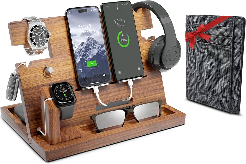 ETERLUCK Wooden Docking Station Men, Nightstand Organizer Bundle w/RFID Blocking Leather Wallet -... | Amazon (US)