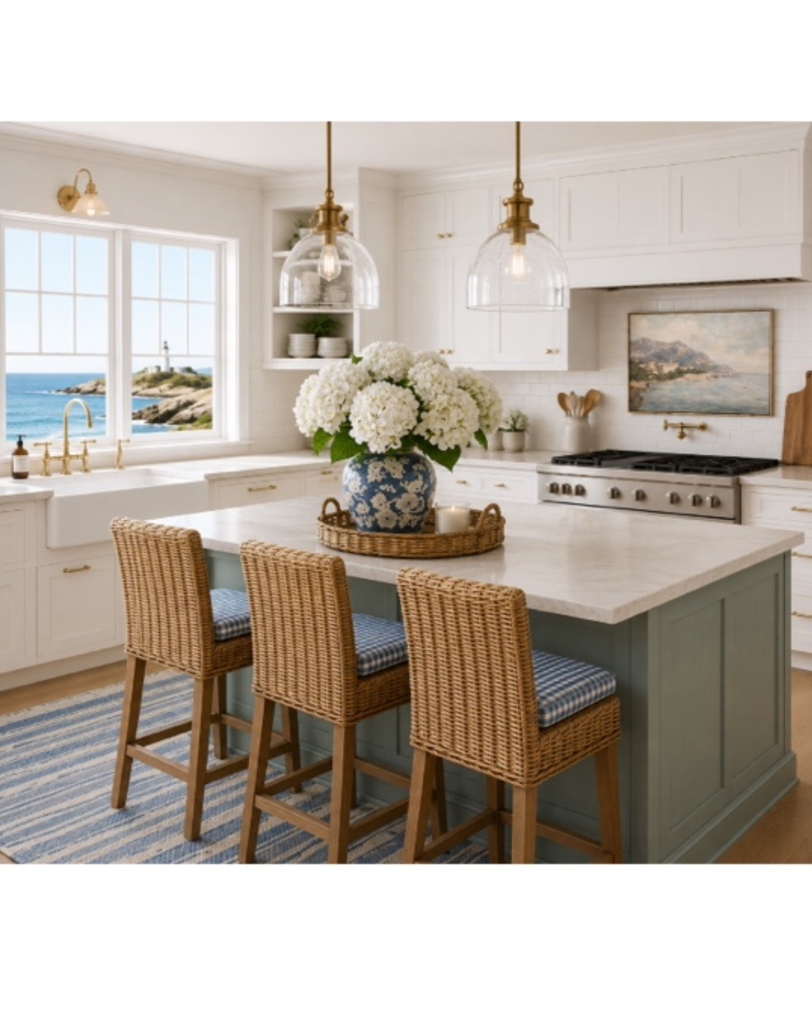 Coastal kitchen dreams, brought to life. 🤍🌊

I styled this look with warm woven textures, blue-and-white accents, timeless brass lighting, and a fresh hydrangea arrangement for that effortless “collected over time” feel. Every detail was chosen to create a kitchen that feels bright, welcoming, and lived in.

Shop the chairs, lighting, artwork, rug, vase, florals, and décor to recreate this look in your own home.
#coastal #kitchen #blue&white #rattan