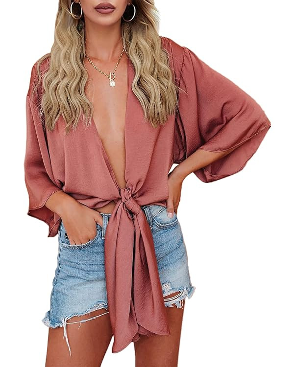 Dellytop Women's Deep V Neck Half Sleeve Tie Front Satin Crop Top Blouse Shirts | Amazon (US)