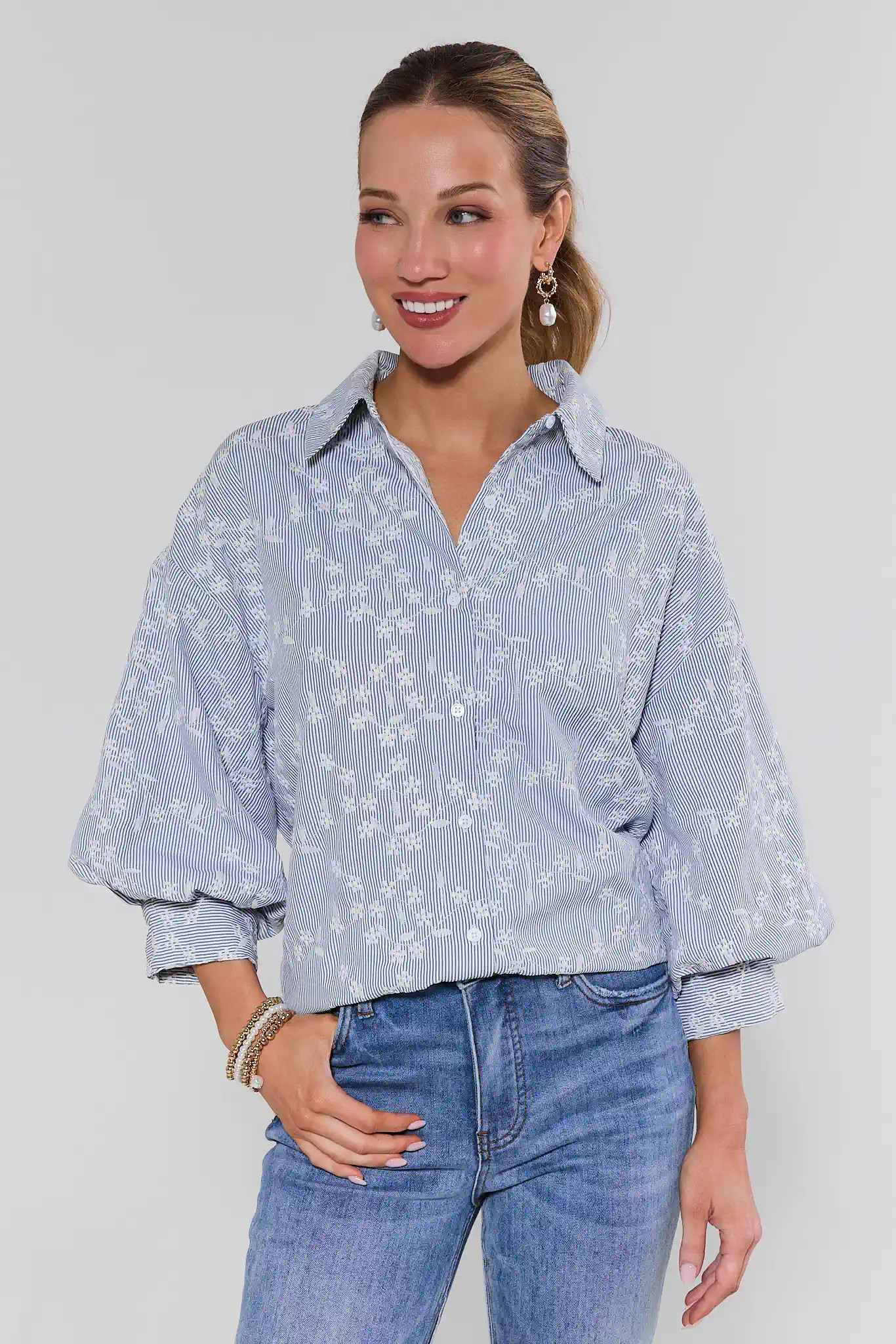 Kaylee Blue Stripe Floral Embroidered Top | Avara