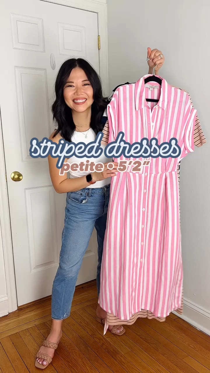 OUTFIT 1
Pink striped dress with pockets (XSP)
Straw tote bag
Braided heels (TTS)

Navy striped dress (XSP)
Olive green tote bag 
Brown sandals (TTS)

OUTFIT 3
Striped polo dress (XSP)
Brown crescent bag
White slide sandals

OUTFIT 4
Striped t-shirt dress (XS)
White sneaker mules (TTS)
Brown tote bag

Spring outfit
Casual outfit
Loft dress
Spring dress

#LTKSaleAlert #LTKWorkwear #LTKStyleTip