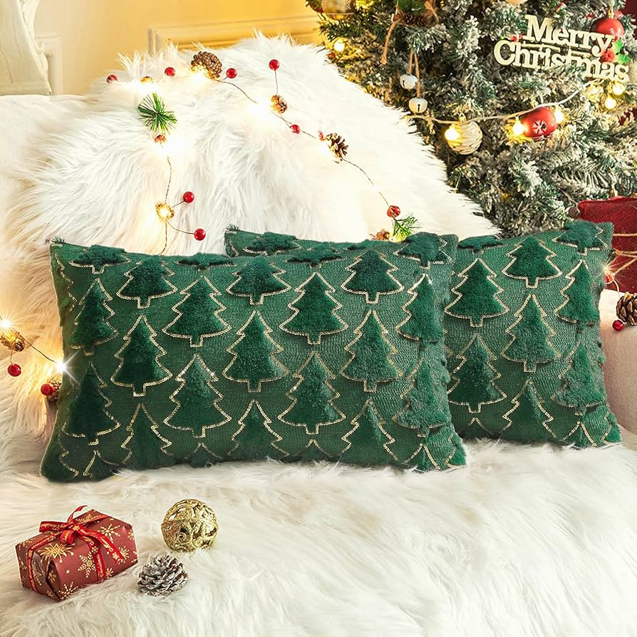 Christmas Throw Pillow Covers 12 x 20 Inch Set of 2, Green Christmas Tree with Gold Sequins, Wint... | Amazon (US)
