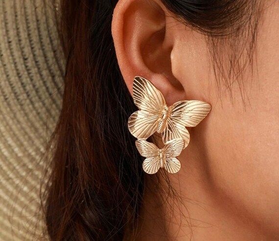 Double Butterfly Earrings Charm Jewelry 18k Gold Plated Big | Etsy | Etsy (US)