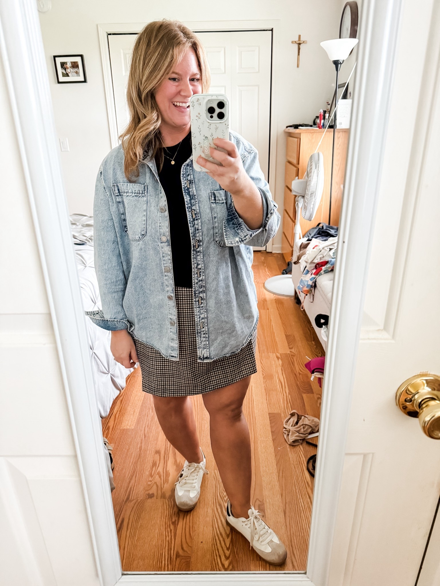 Teacher outfit! Denim shirt, plaid skirt and a basic tee with sneakers 

#LTKMidsize #LTKSeasonal #LTKWorkwear
