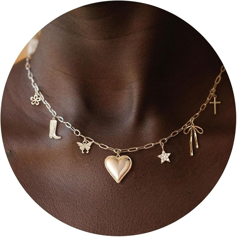 Charm Necklace-14K Gold/Silver Plated Charm Necklace Shell Conch Shell Turtle Starfish Coconut Tr... | Amazon (US)