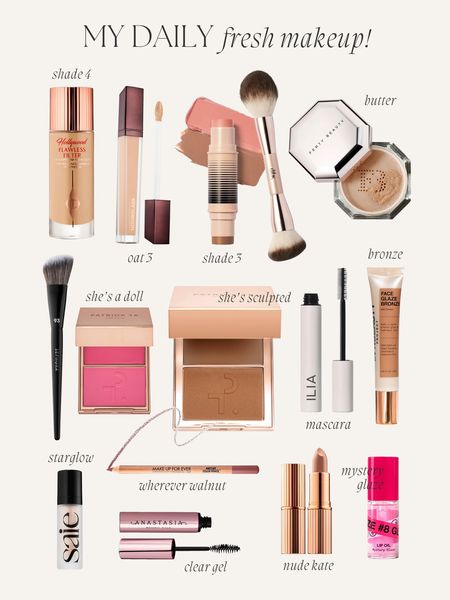 Fresh daily makeup, glowy and lightweight. Set with charlotte tilbury setting spray! Shades are listed on the graphic xx 