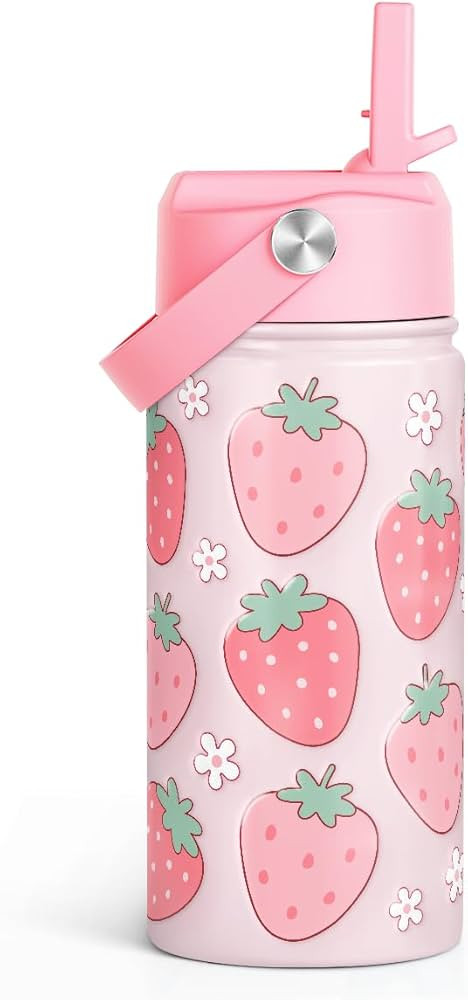Strawberry Kids Water Bottle with Straw Lid 12oz Insulated Stainless Steel, Travel Tumbler, Gifts... | Amazon (US)