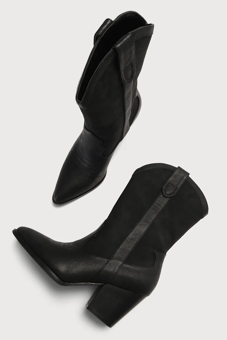 Stasie Black Pointed-Toe Mid-Calf Western Boots | Lulus (US)