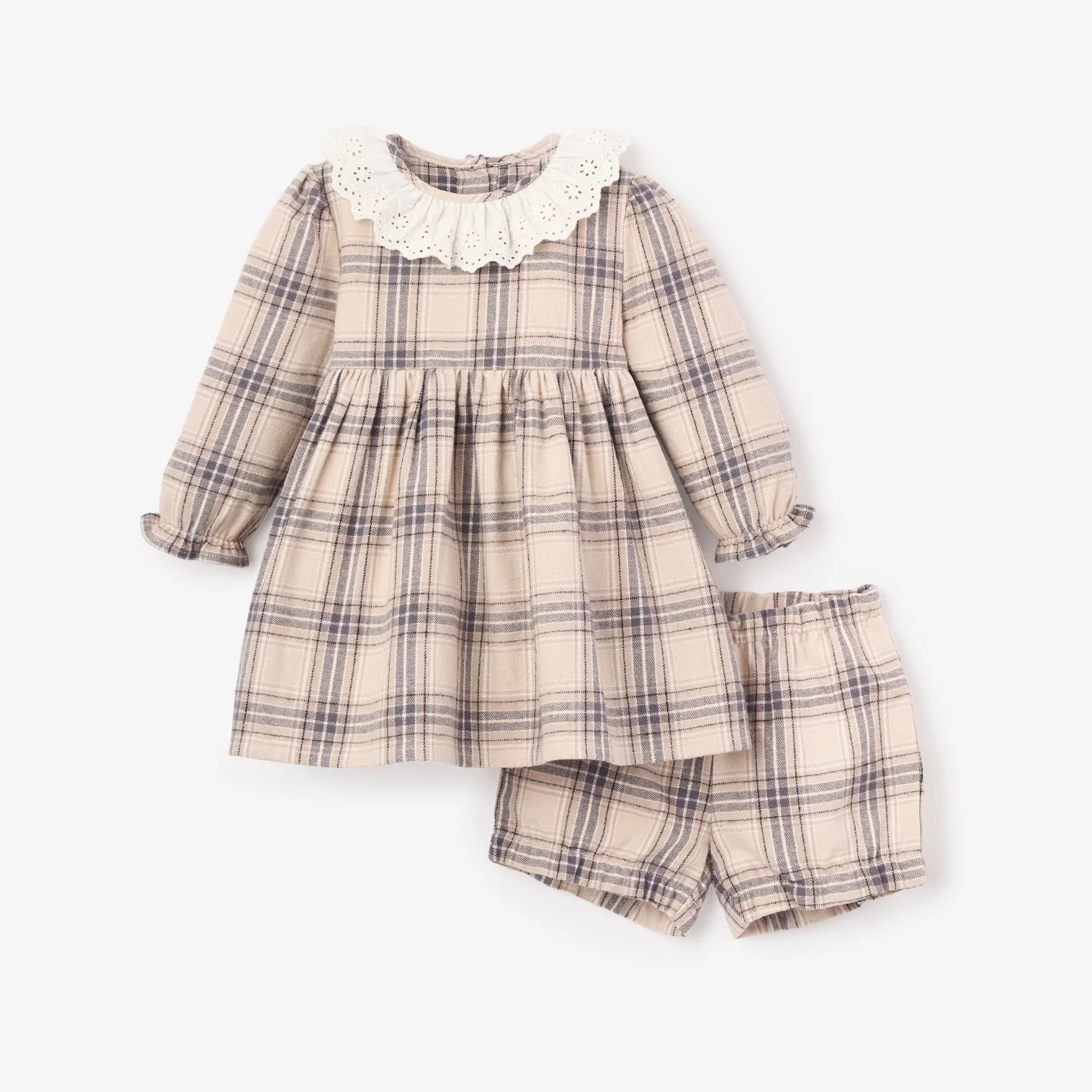 Neutral Plaid Eyelet Collared Dress + Bloomer | Elegant Baby