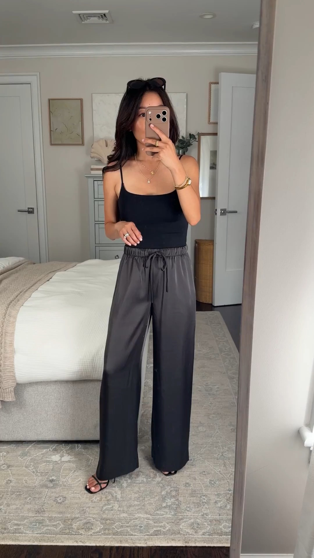 Size info below! • trying on Satin lodge pants XS Short in Flint Green, I went up one size for more room and flowiness. Also loved the cocoa nib brown and seaside cream I tried on. 
• Aritzia Cami XS (sized up) work with nippies

Elevated early fall outfit ideas, satin pants, petite style

#LTKPetite #LTKootd #LTKmomlife