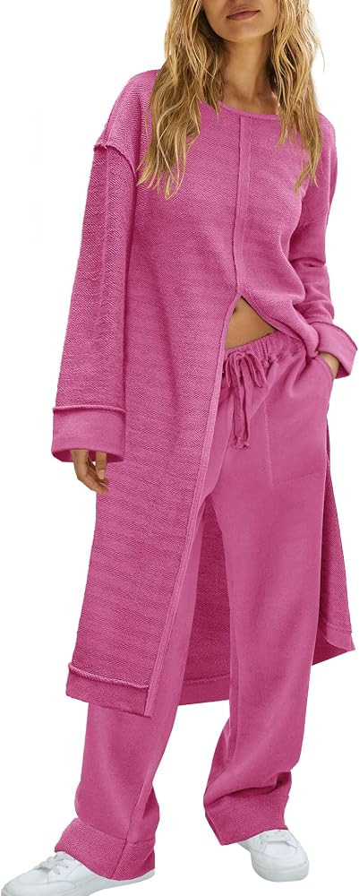SENSERISE Womens Oversized 2 Piece Outfits Matching Lounge Sets Tunic Tops Wide Leg Pants with Po... | Amazon (US)