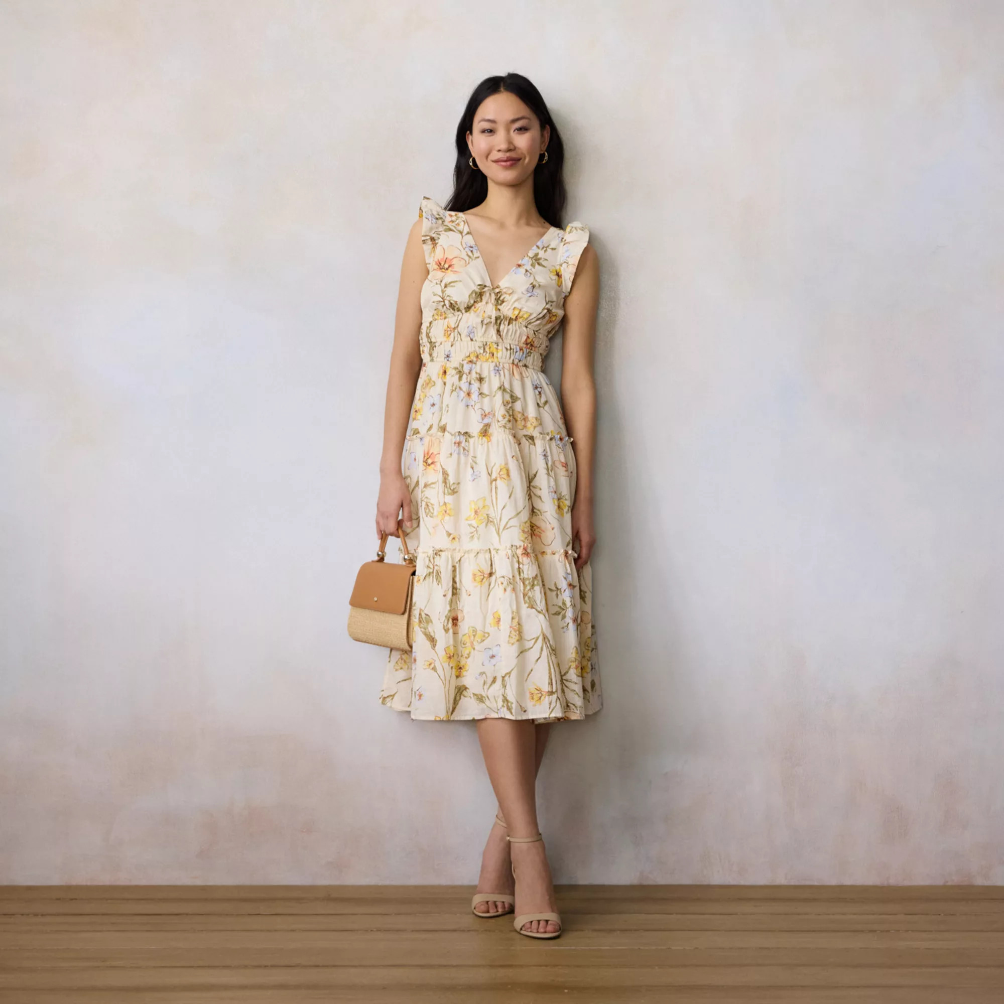 Petite LC Lauren Conrad Shirred Bodice Ruffle Sleeve Midi Dress | Kohl's