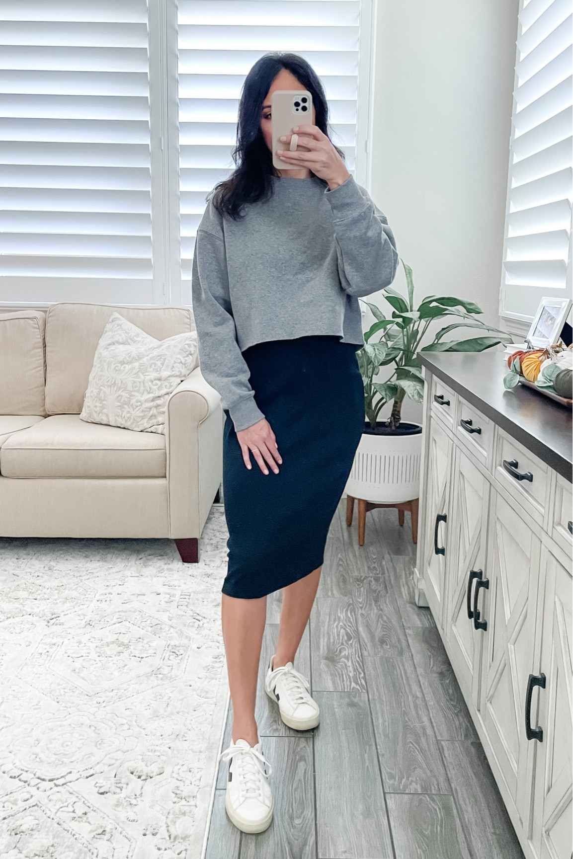 Casual t shirt dress look with cropped pull over! Love this comfy look! Perfect for school drop offs and running errands. 
I’m wearing a small in the ribbed black dress and XS in the cropped sweater. 

#LTKshoecrush #LTKSeasonal #LTKtravel