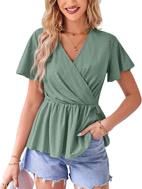 GRACE KARIN Womens Wrap Tops V Neck Eyelet Top Ruffle Sleeve Peplum Blouse 2023 Summer Casual T Shir | Amazon (US)