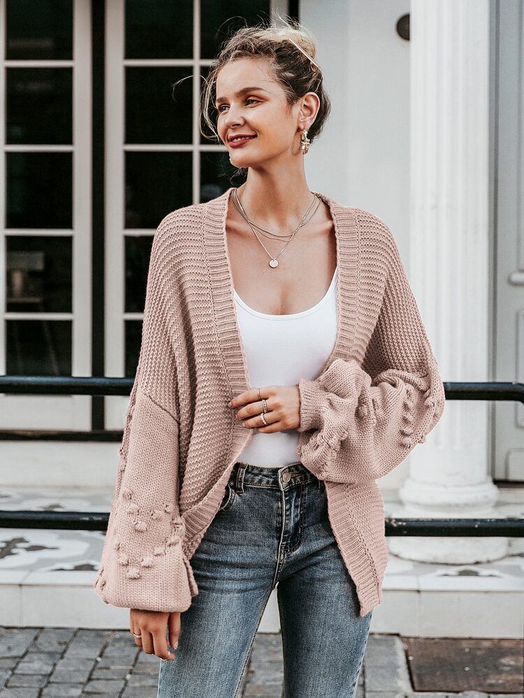 Simplee Open Front Solid Popcorn Knit Cardigan | SHEIN