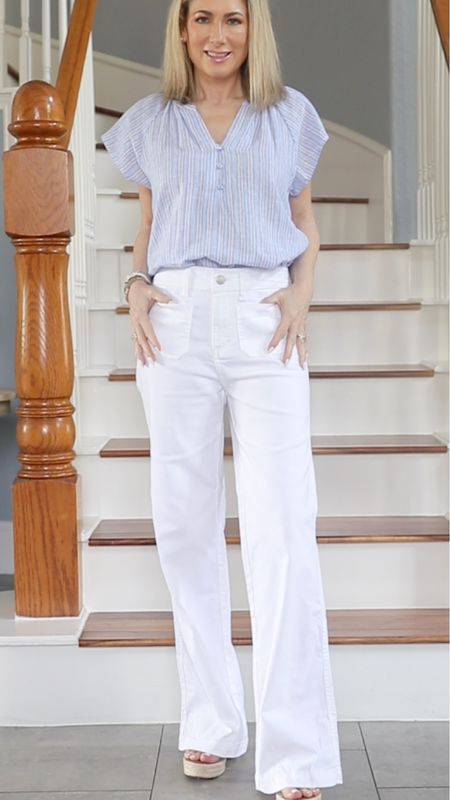I found a very budget friendly option for the patch pocket jeans trend but sizes are limited. They also run big-size down one. I got my regular size and they’re too big!

The blouse is a linen blend and the buttons on the split neck are functional. Runs TTS-wearing XS. 

#whitejeans #springoutfit #fashionover40 #fashionover50 #espadrilles #wedges #walmartfashion 

#LTKfindsunder50 #LTKSeasonal #LTKover40