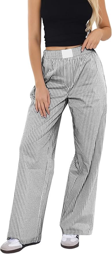 Women’s Striped Lounge Pants Low Waist Elastic Wide Leg Y2k Casual Boxer Trousers Loose Fit Paj... | Amazon (US)