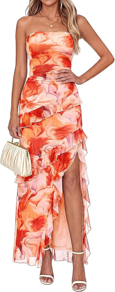 BTFBM Off The Shoulder Dresses for Women Summer 2026 Strapless Ruffle Slit Formal Wedding Guest D... | Amazon (US)