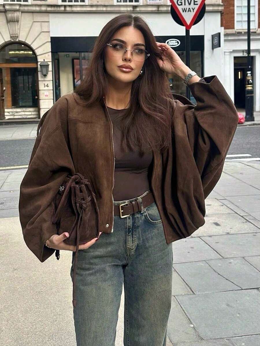 Women's Suede Bomber Jacket, Lapel Collar Long Sleeve Zipper Loose Outerwear, Casual New Style Fa... | SHEIN