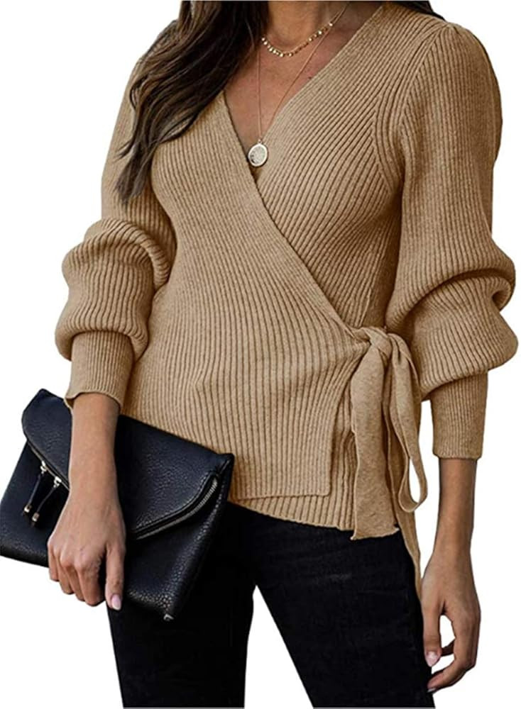 KIRUNDO 2023 Women's Fall Winter Wrap V Neck Sweater Balloon Sleeves Ribbed Knitted Pullover Tie ... | Amazon (US)