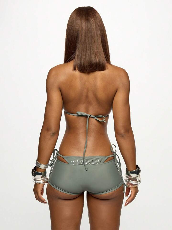 SUMWON WOMEN Studded Triangle Bikini Set Metallic Accents Adjustable String Low Rise Brazilian Cu... | SHEIN