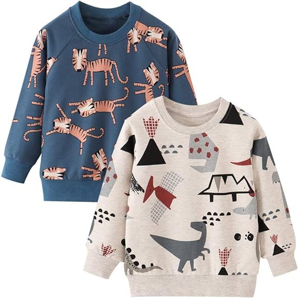Azalquat Toddler Boys Crewneck Sweatshirt, Cotton Long-Sleeve Pullover Cartoon Print | Amazon (US)