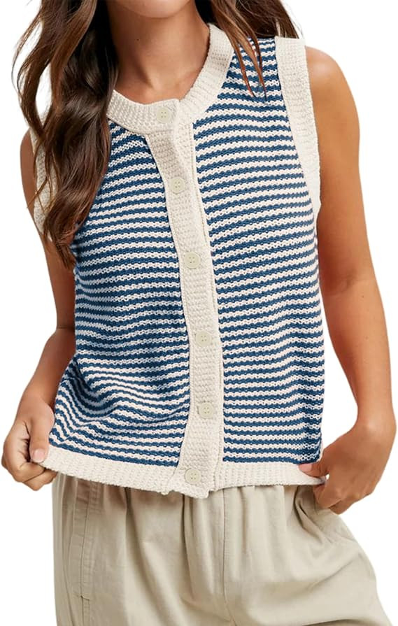 Himosyber Women's Sweater Vest Striped Sleeveless Cardigans Button Down Crew Neck Summer Casual K... | Amazon (US)