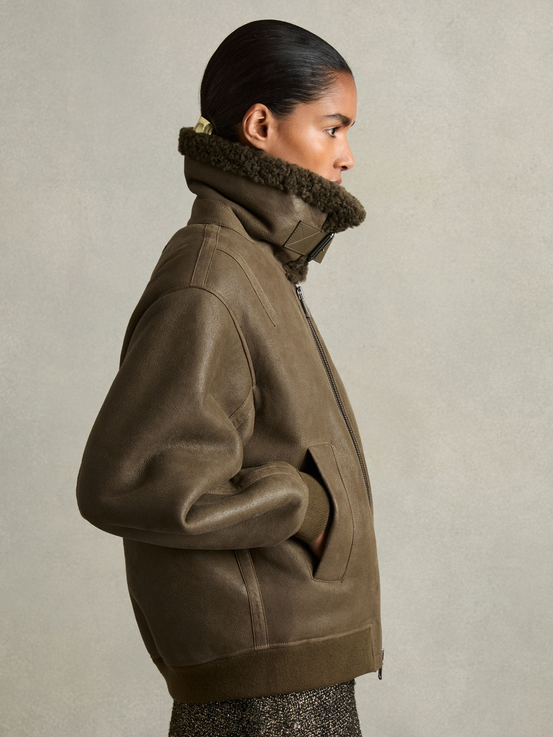 Shearling Aviator Jacket in Dark Khaki | Reiss UK