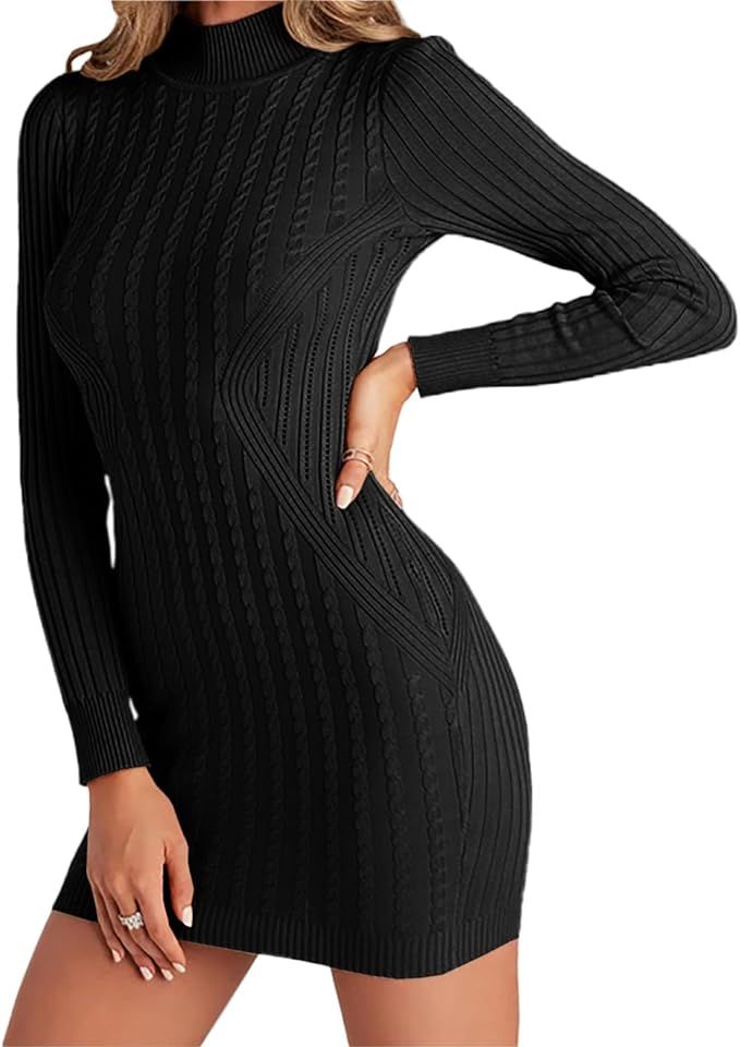 Goranbon Women's Mock Neck Cable Knit Sweater Dress Long Sleeve Solid Bodycon Mini Pullover Sweat... | Amazon (US)