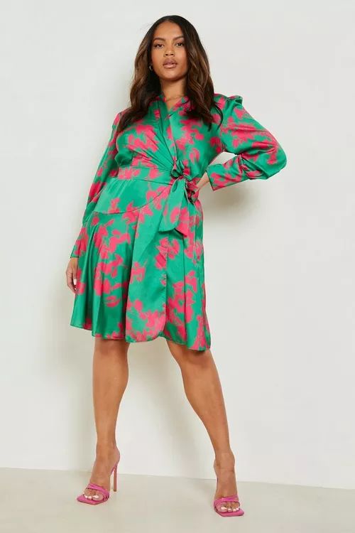 Plus Satin Floral Print Wrap Skater Dress | Boohoo.com (UK & IE)