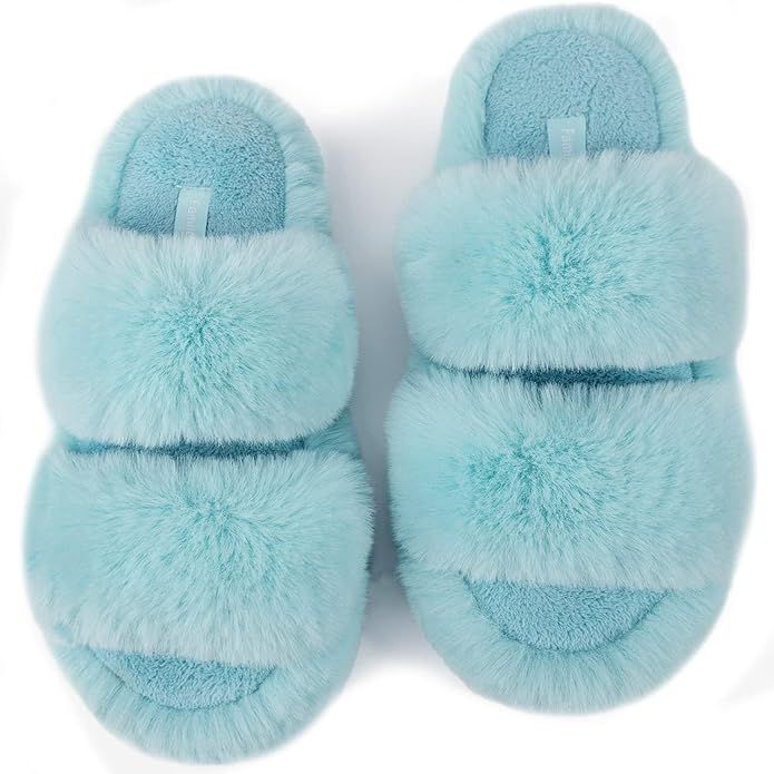 FamilyFairy Women's Fluffy Faux Fur Slippers Comfy Open Toe Two Band Slides with Fleece Lining an... | Amazon (US)