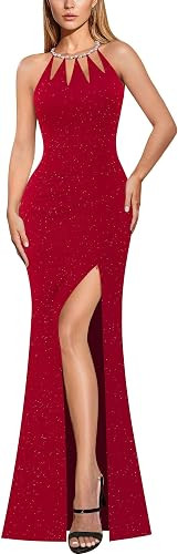 VFSHOW Womens Sexy Cut Out Beaded Halter Formal Prom Maxi Dress Ruched High Slit Cocktail Gala Ba... | Amazon (US)