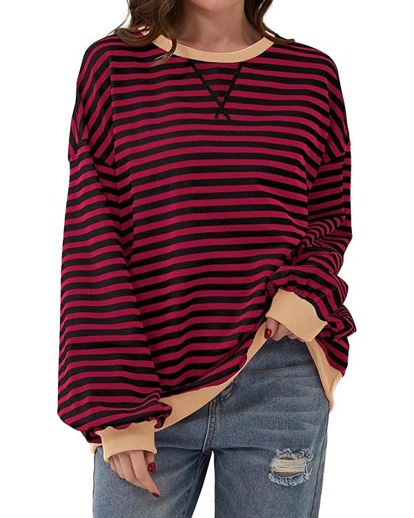 Women Oversized Striped Color Block Long Sleeve Crew Neck Sweatshirt Casual Loose Pullover Y2K Sh... | Amazon (US)