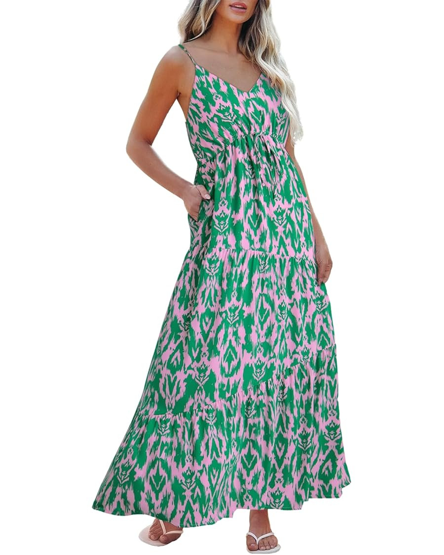 Dokotoo Summer Dress Casual Womens Boho Dress Sleeveless Printed Long Tiered Maxi Dress Beach Dre... | Amazon (US)