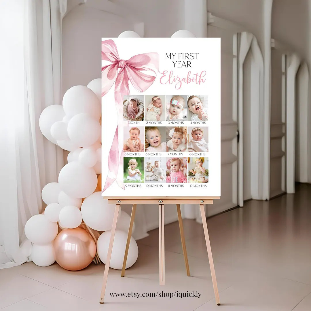 Bow Birthday Monthly Milestone Photo Poster Editable Pink Bow Photo Sign Banner Decoration Printa... | Etsy (US)