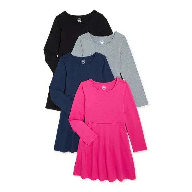 Wonder Nation Girls' Long Sleeve Play Dress, 4-Pack, Sizes 4-18 & Plus - Walmart.com | Walmart (US)