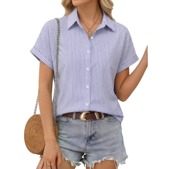 MOYIKO Short Sleeve Summer Tops for Women Casual Button Down Shirts Striped Business Work Blouses | Walmart (US)