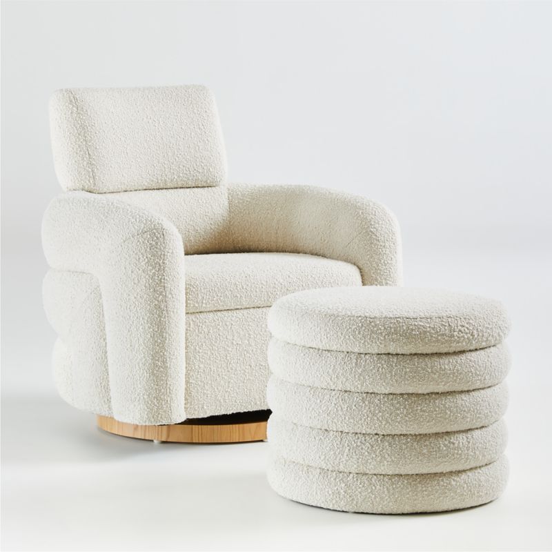 Snoozer Cream Bouclé Nursery Swivel Glider and Storage Ottoman by Leanne Ford | Crate & Kids | Crate & Barrel