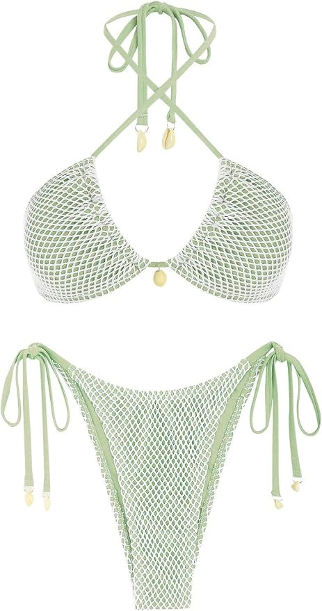 seamoly Women's Bikini Sets Halter Fishnet Shell Decorated Two Piece Swimsuit Sexy Side Tie Thong... | Amazon (US)