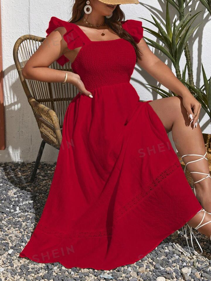 SHEIN VCAY Plus Guipure Lace Panel Ruffle Trim Dress | SHEIN