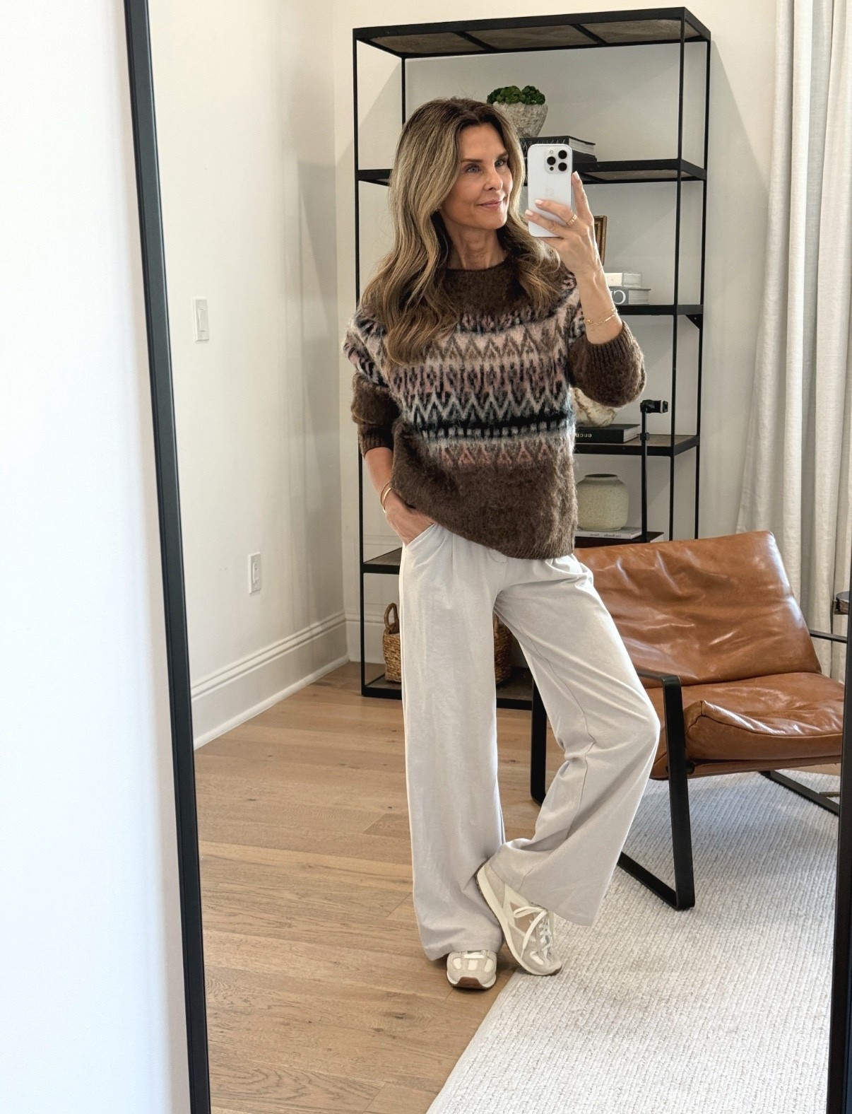 -Zara fair isle top with the prettiest color combo! 
-Jersey trousers are so good! TTS I’m 5’6”
-Sneakers tts 

#LTKStyleTip #LTKOver40 #LTKHome