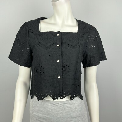 My Dees Size M 12 Top Blouse Short Sleeves Black Crochet Square Neck Scallop Hem  | eBay | eBay US
