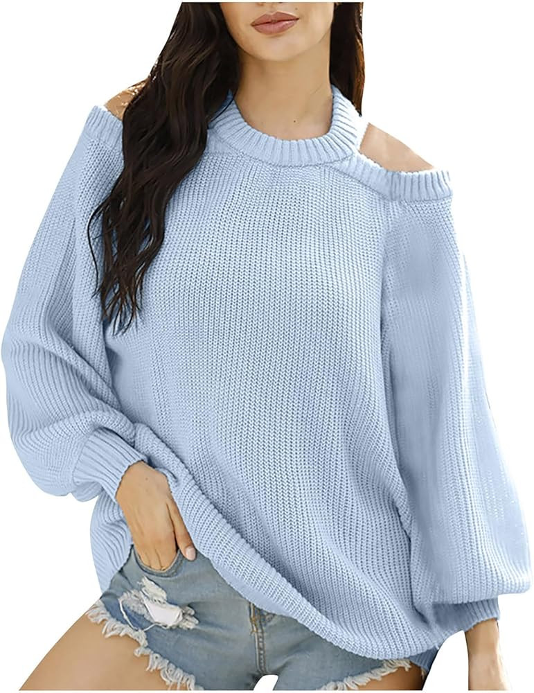Women Oversized Knit Sweaters Crewneck Keyhole Back Lantern Long Sleeve Pullover Tunic Tops Soft ... | Amazon (US)